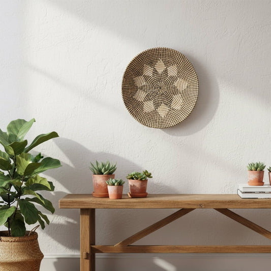 Decorative woven wall basket placed above a console with plants adding organic charm and visual harmony to a sunlit living space.
