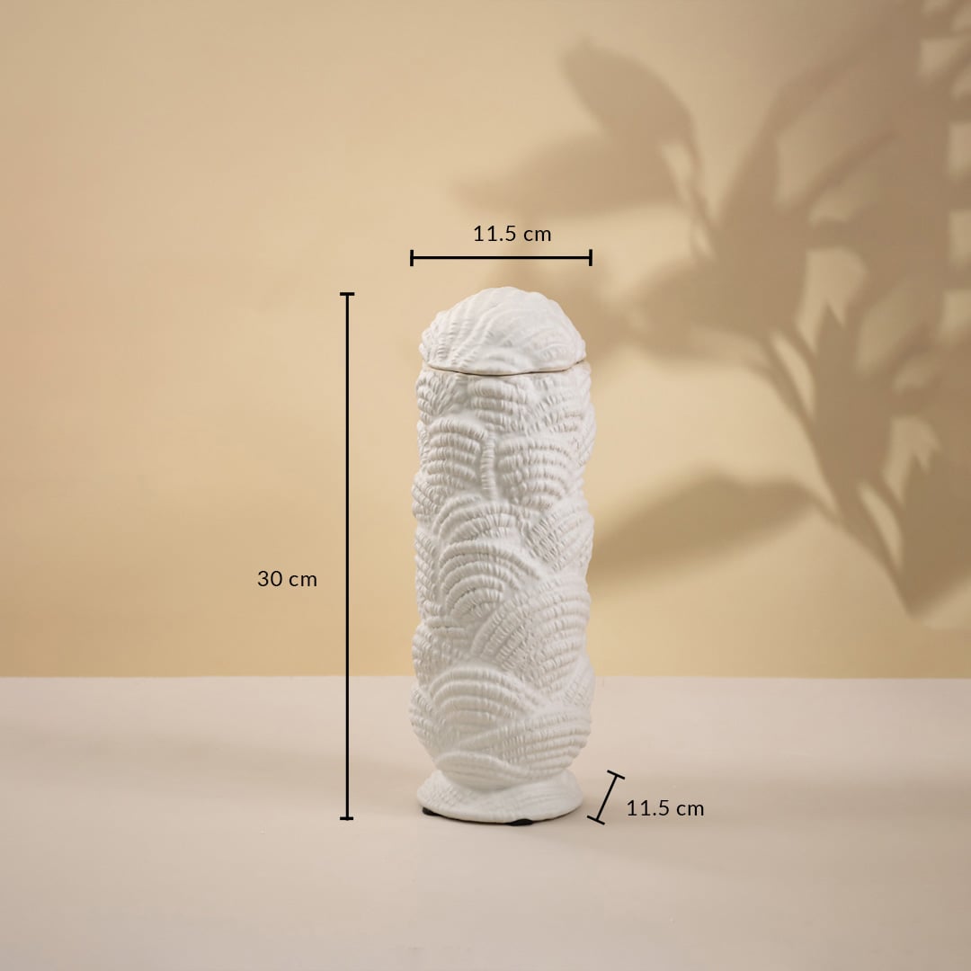 White handcrafted ceramic vase with textured surface displayed on white background showing 30 cm height and 11 cm width for tabletop styling.