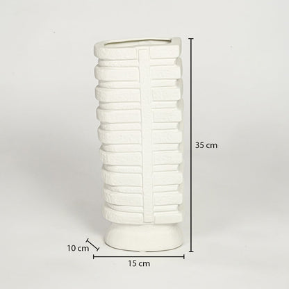 White tall textured ceramic vase dimension image showing 35 cm height and 15 cm width modern decorative vase for home styling.