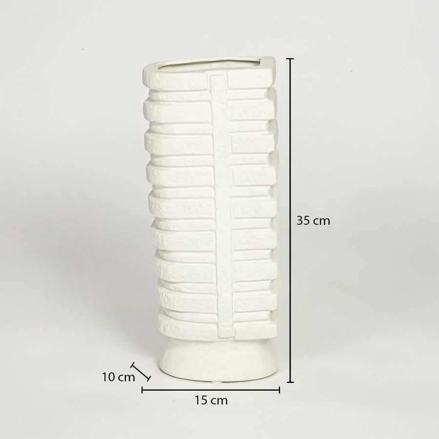 White tall textured ceramic vase dimension image showing 35 cm height and 15 cm width modern decorative vase for home styling.