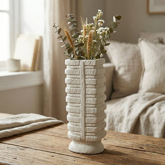 White textured tall ceramic vase styled for console table or shelf modern decorative floor vase for living room entry or hallway decor.