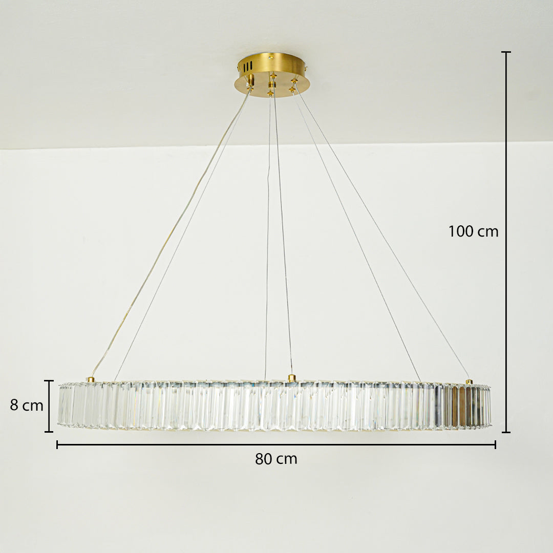 Gold round crystal chandelier with glass rod detailing suspended on white ceiling background 80 cm diameter 8 cm height with 100 cm adjustable hanging wire.