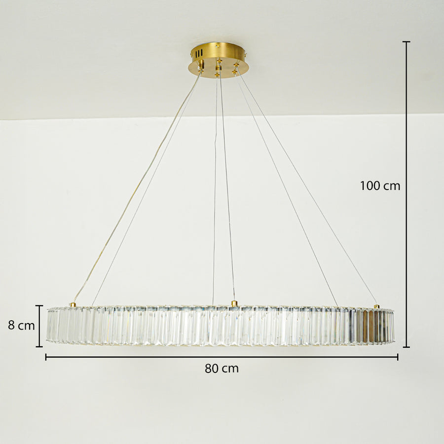 Gold round crystal chandelier with glass rod detailing suspended on white ceiling background 80 cm diameter 8 cm height with 100 cm adjustable hanging wire.
