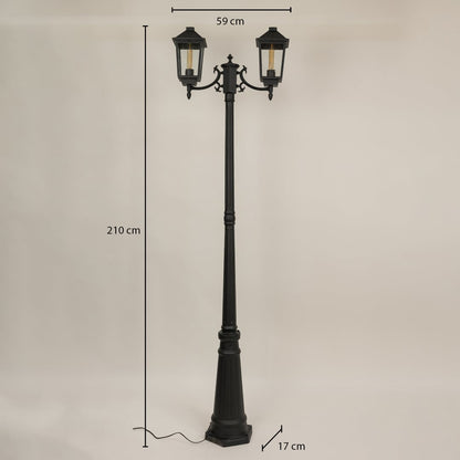 Black metal outdoor lamp post with dual lantern heads showing size clearly with height 210 cm width 59 cm and base width 17 cm ideal for driveway garden and patio lighting.