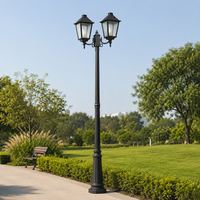 Traditional black iron double head garden lamp post light for public park lawn pathway walkway wooden bench landscape decor.