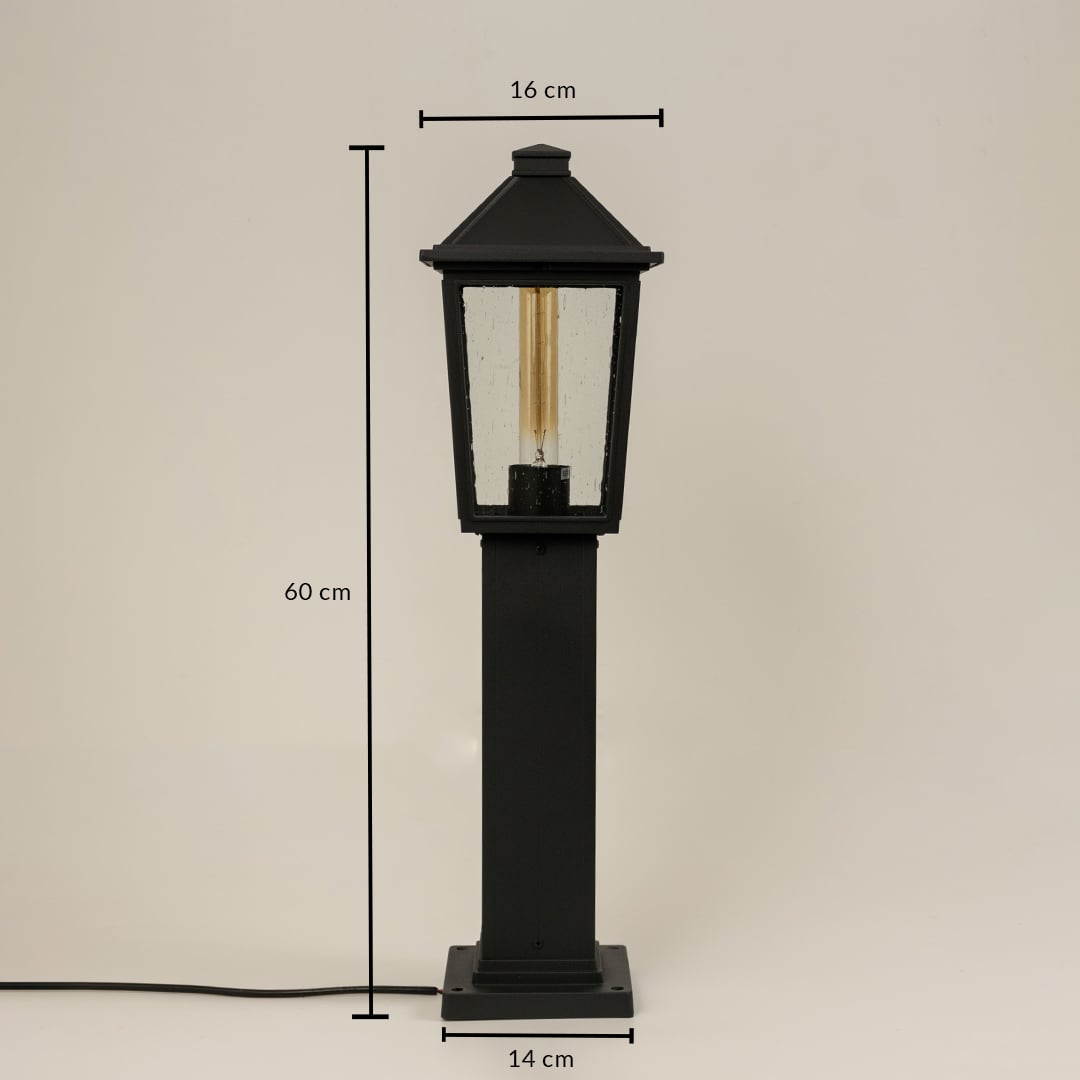 A tall black outdoor post light on a white background showing dimensions clearly marked as 60 cm height 16 cm top width and 14 cm base width.