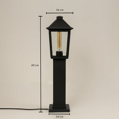 A tall black outdoor post light on a white background showing dimensions clearly marked as 60 cm height 16 cm top width and 14 cm base width.