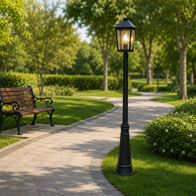 Traditional black aluminum garden post lamp light for outdoor backyard lawn pathway walkway bench landscape exterior decor.