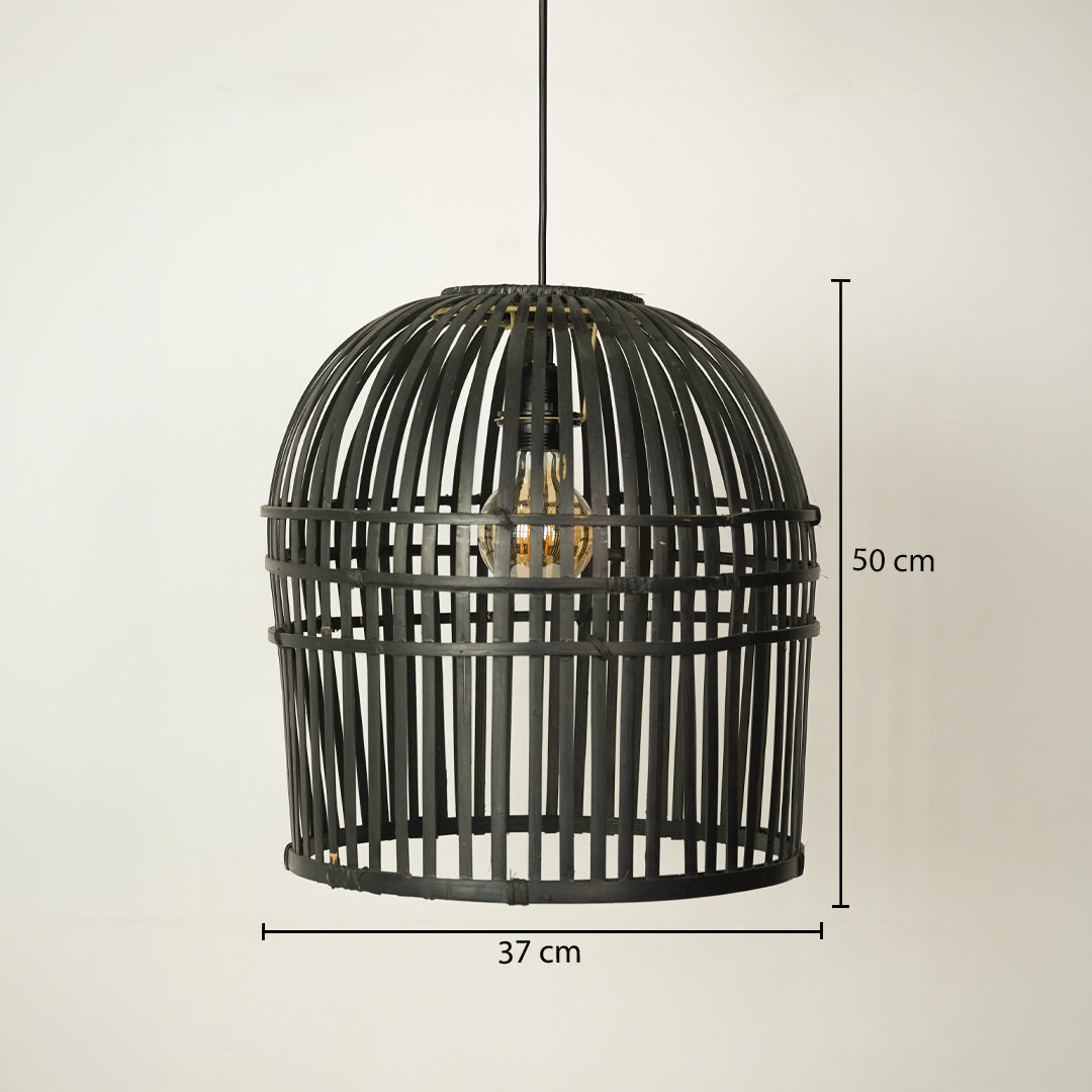 Black metal birdcage pendant light with a visible Edison bulb, shown against a light beige background with dimension lines indicating 37 cm width and 50 cm height.
