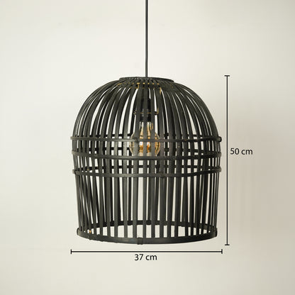Black metal birdcage pendant light with a visible Edison bulb, shown against a light beige background with dimension lines indicating 37 cm width and 50 cm height.