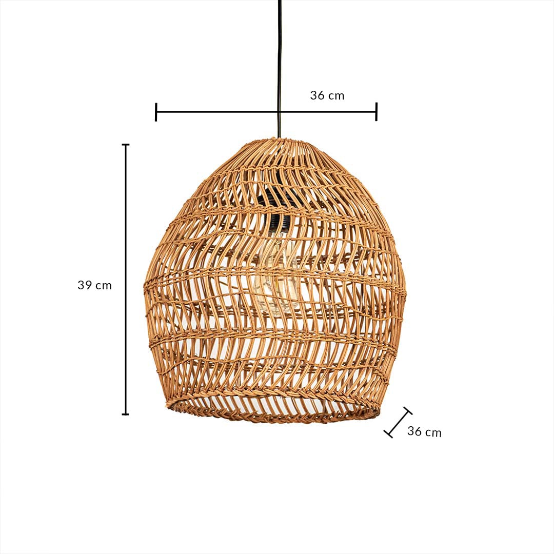 Open weave rattan pendant light with bamboo shade shown with 39cm height and 36cm width for room placement.