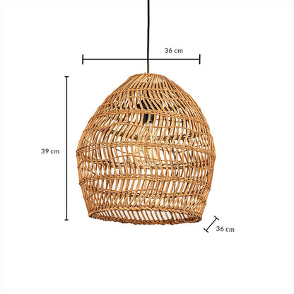 Open weave rattan pendant light with bamboo shade shown with 39cm height and 36cm width for room placement.