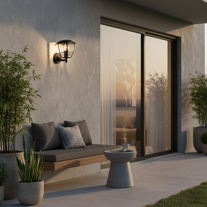 Black metal outdoor wall light lifestyle image with clear glass shade mounted on a modern concrete patio wall for decor.