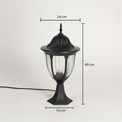 Outdoor black pillar lamp with dome top and glass panels showing 49 cm height 24 cm width and 16 cm base size.