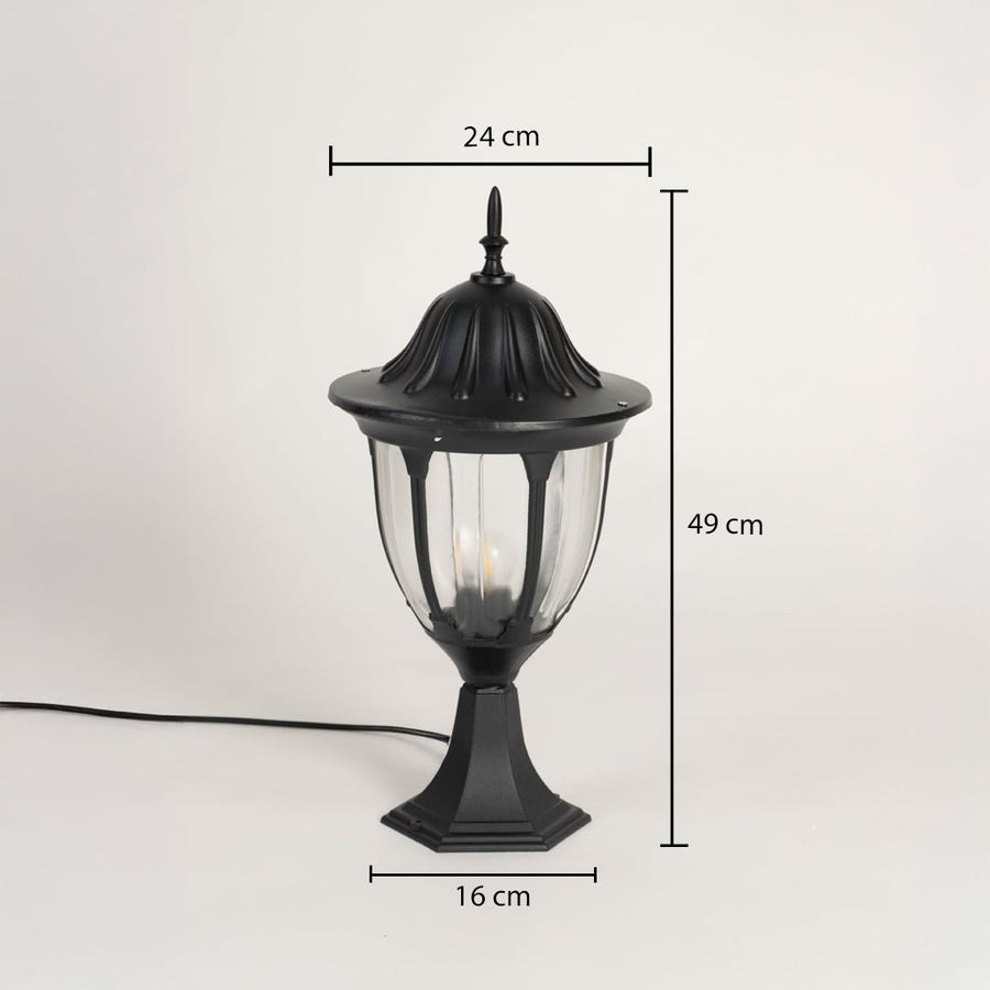 Outdoor black pillar lamp with dome top and glass panels showing 49 cm height 24 cm width and 16 cm base size.