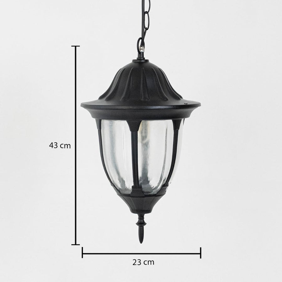 Modern black metal hanging lantern light measuring 43 cm height and 23 cm width for outdoor decor.
