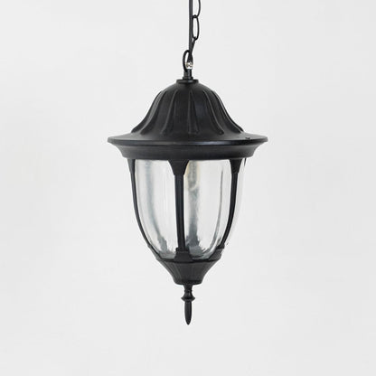 Contemporary black metal hanging lantern light with clear curved glass for elegant porch and entryway decor.