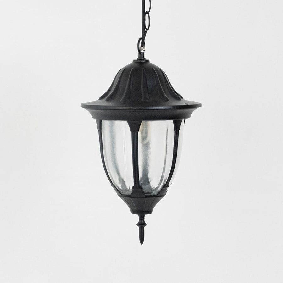 Contemporary black metal hanging lantern light with clear curved glass for elegant porch and entryway decor.