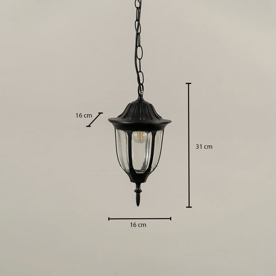 Black hanging outdoor lantern with clear curved glass showing dimensions 31 cm height and 16 cm width providing accurate sizing for exterior ceiling placement.