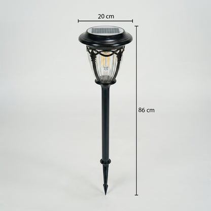 Dimension image of black metal solar garden pathway light for lawn walkway and outdoor landscape lighting.
