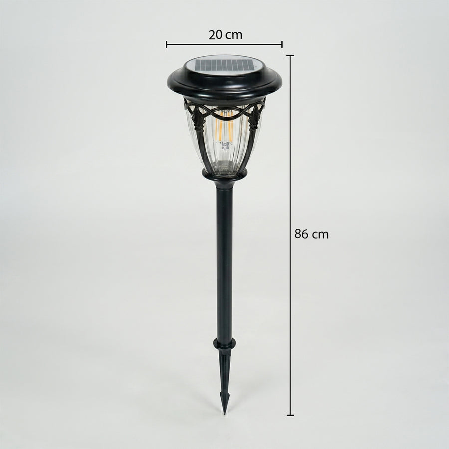 Dimension image of black metal solar garden pathway light for lawn walkway and outdoor landscape lighting.