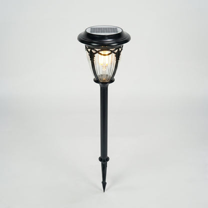 Black metal solar garden pathway light for lawn walkway landscape lighting on white background image.