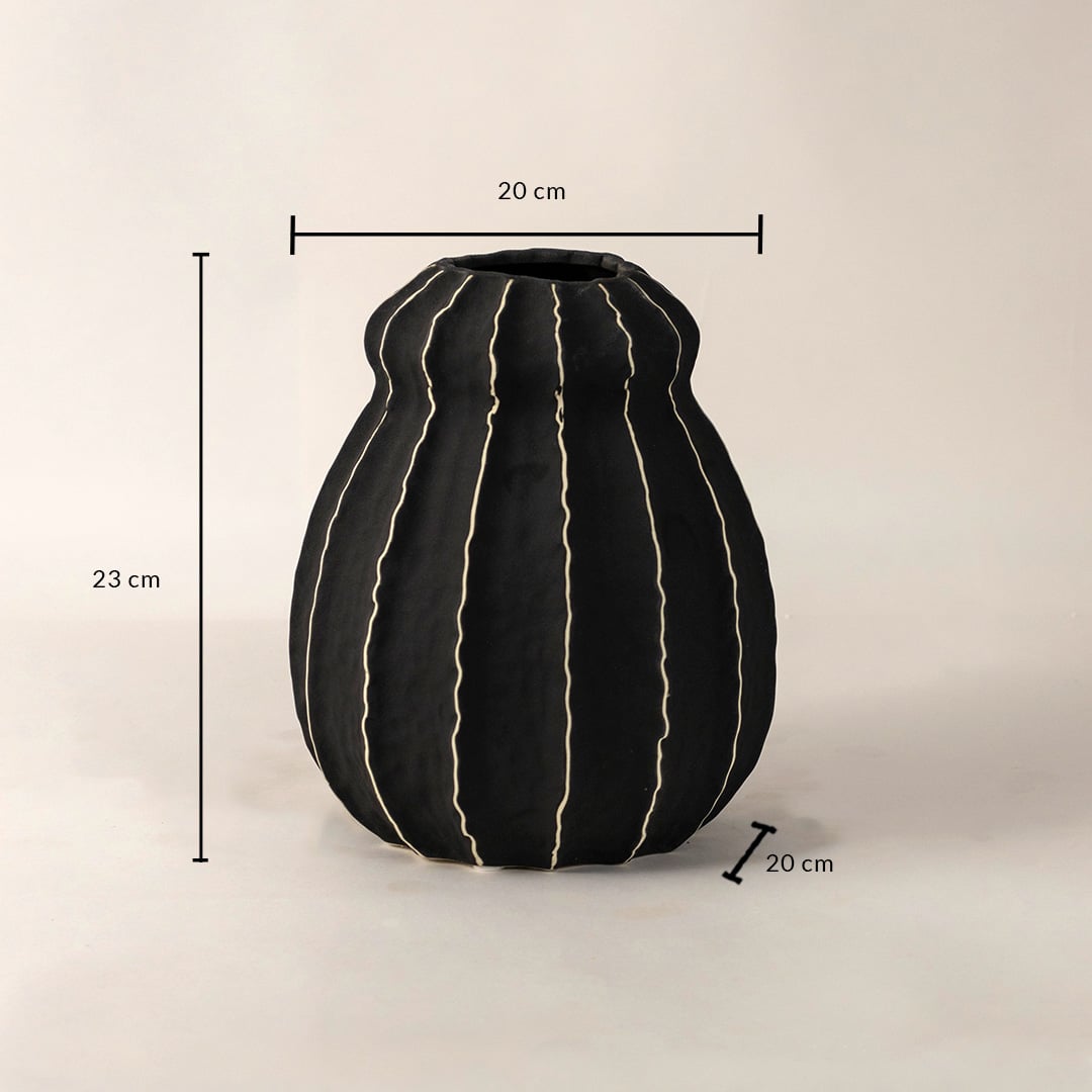 Noir black ceramic vase measuring 23 cm in height 20 cm in width and 20 cm in base diameter shown with precise labeled dimensions.