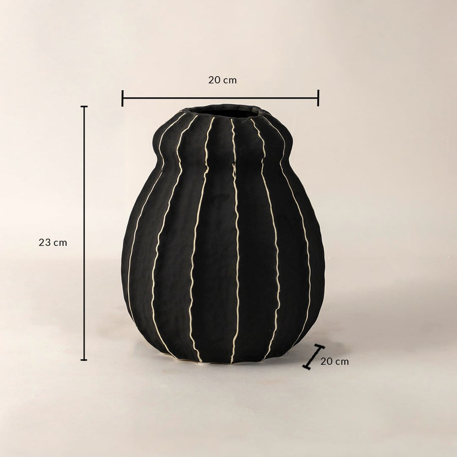 Noir black ceramic vase measuring 23 cm in height 20 cm in width and 20 cm in base diameter shown with precise labeled dimensions.