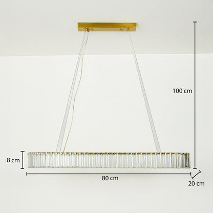 Gold rectangular crystal chandelier with metal frame and glass rods suspended on white ceiling background 80 cm length 20 cm width 8 cm height with 100 cm adjustable hanging.