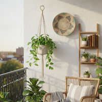 Natural woven wall basket styled with hanging plants for artistic bohemian wall decor and contemporary home interiors.