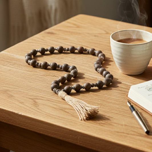 Decorative wooden bead garland with tassel styled on console or coffee table adding earthy texture to modern home Decor.