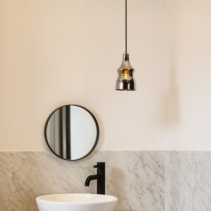 Modern pendant light styled in a warm lifestyle setting showcasing its glossy chrome curved body and elegant hanging design beautifully.