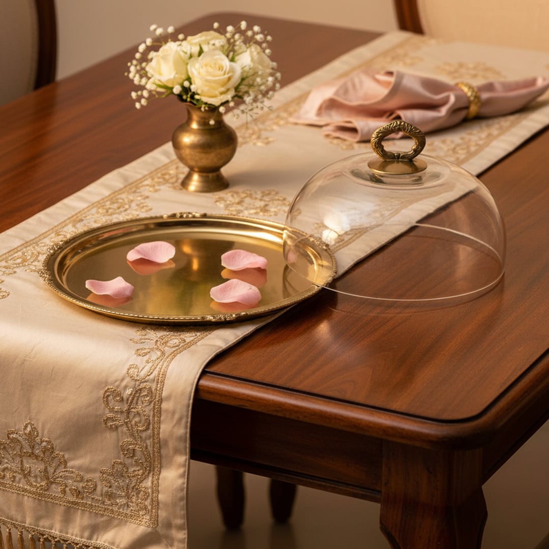 nirvik brass cloche with glass dome main lifestyle for dinnig room lifestyle