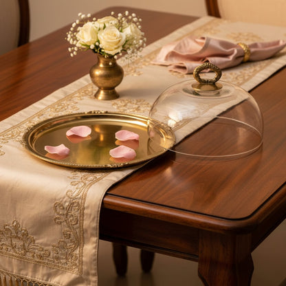 nirvik brass cloche with glass dome main lifestyle for dinnig room lifestyle