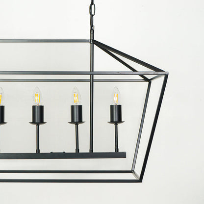 Stylish rectangular metal cage chandelier with multiple bulbs suspended by rods against white wall background ideal for industrial interior lighting.


