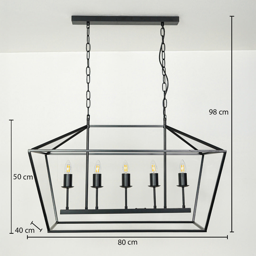 Black metal rectangular chandelier with candle style bulbs suspended by chain on white ceiling background 80 cm length 40 cm width 50 cm height with 98 cm hanging.