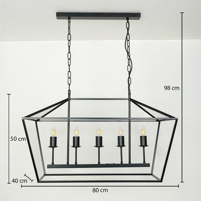 Black metal rectangular chandelier with candle style bulbs suspended by chain on white ceiling background 80 cm length 40 cm width 50 cm height with 98 cm hanging.