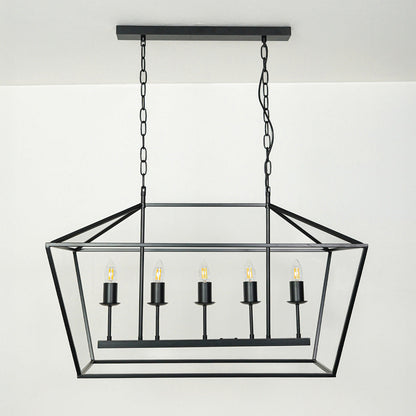 Black metal rectangular chandelier with candle style lights suspended by chain against neutral background ideal for dining table lighting in modern interiors.