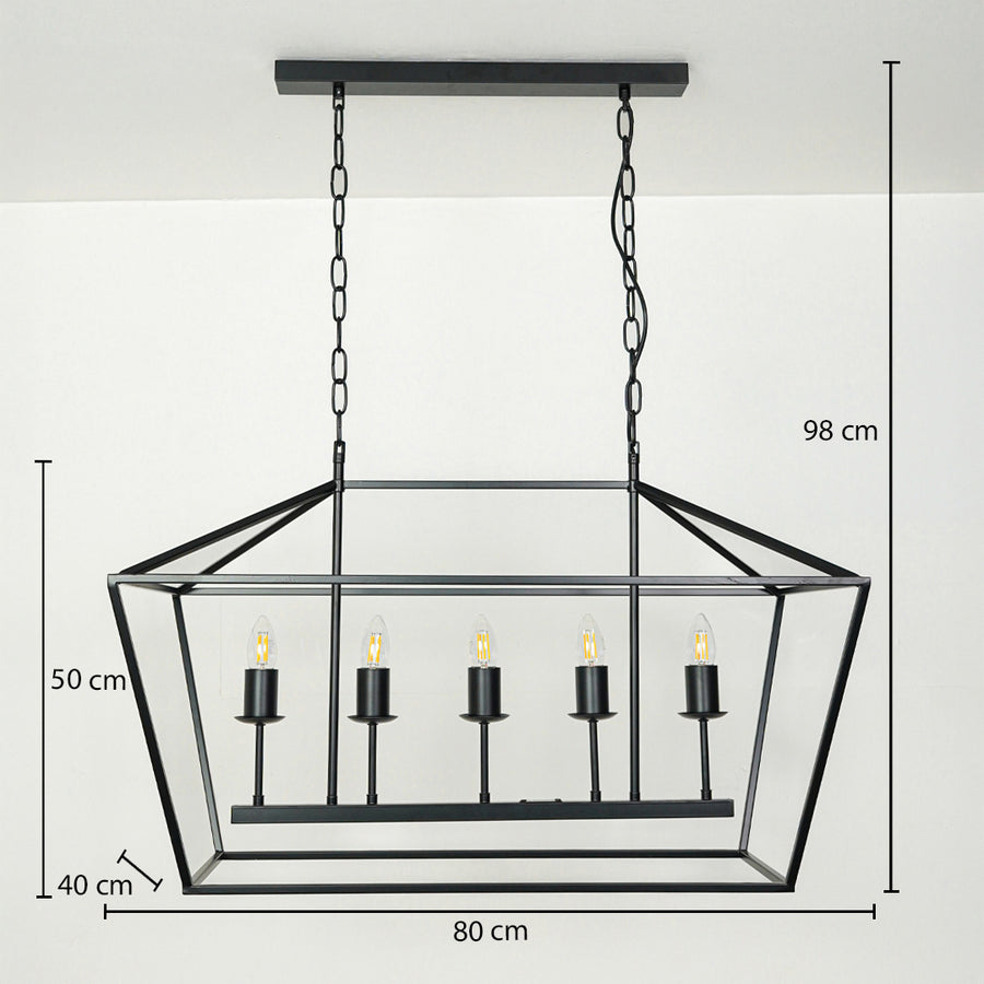 Black metal rectangular chandelier with candle style bulbs suspended by chain on white ceiling background 80 cm length 40 cm width 50 cm height with 98 cm hanging.