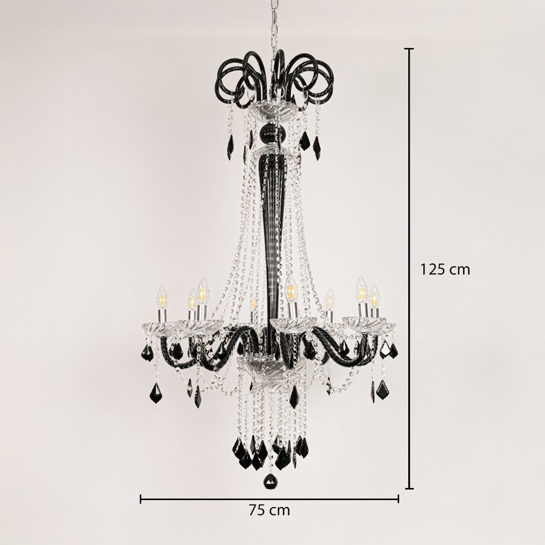 Tall black and clear crystal chandelier sized 125 cm height and 75 cm width ideal for grand foyer or living room ceiling lighting.