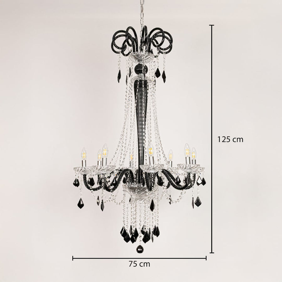 Tall black and clear crystal chandelier sized 125 cm height and 75 cm width ideal for grand foyer or living room ceiling lighting.