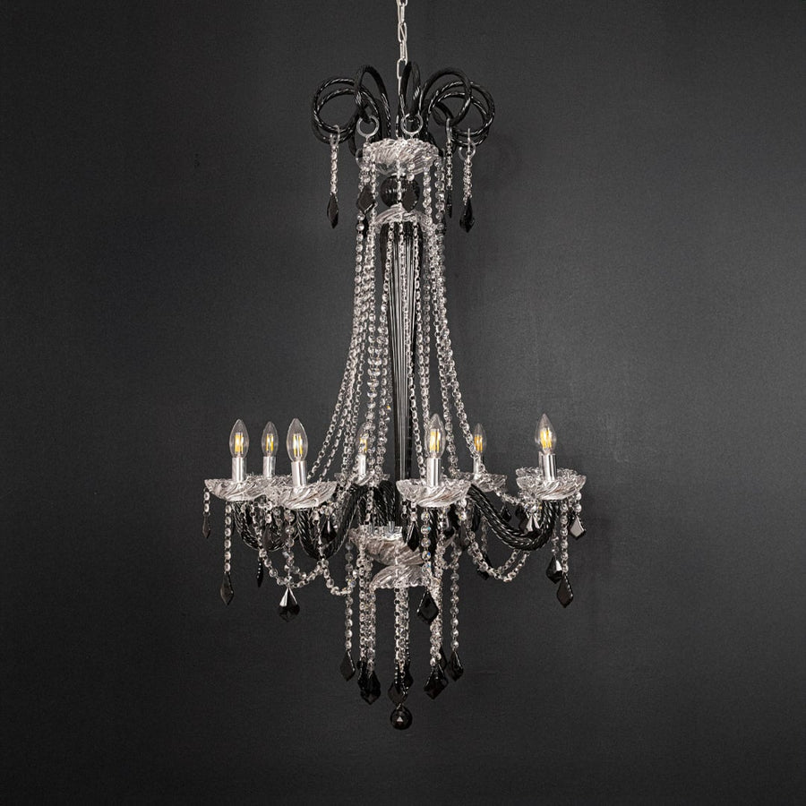 Tall black and clear crystal chandelier shown on black background highlighting its premium grand ceiling design.
