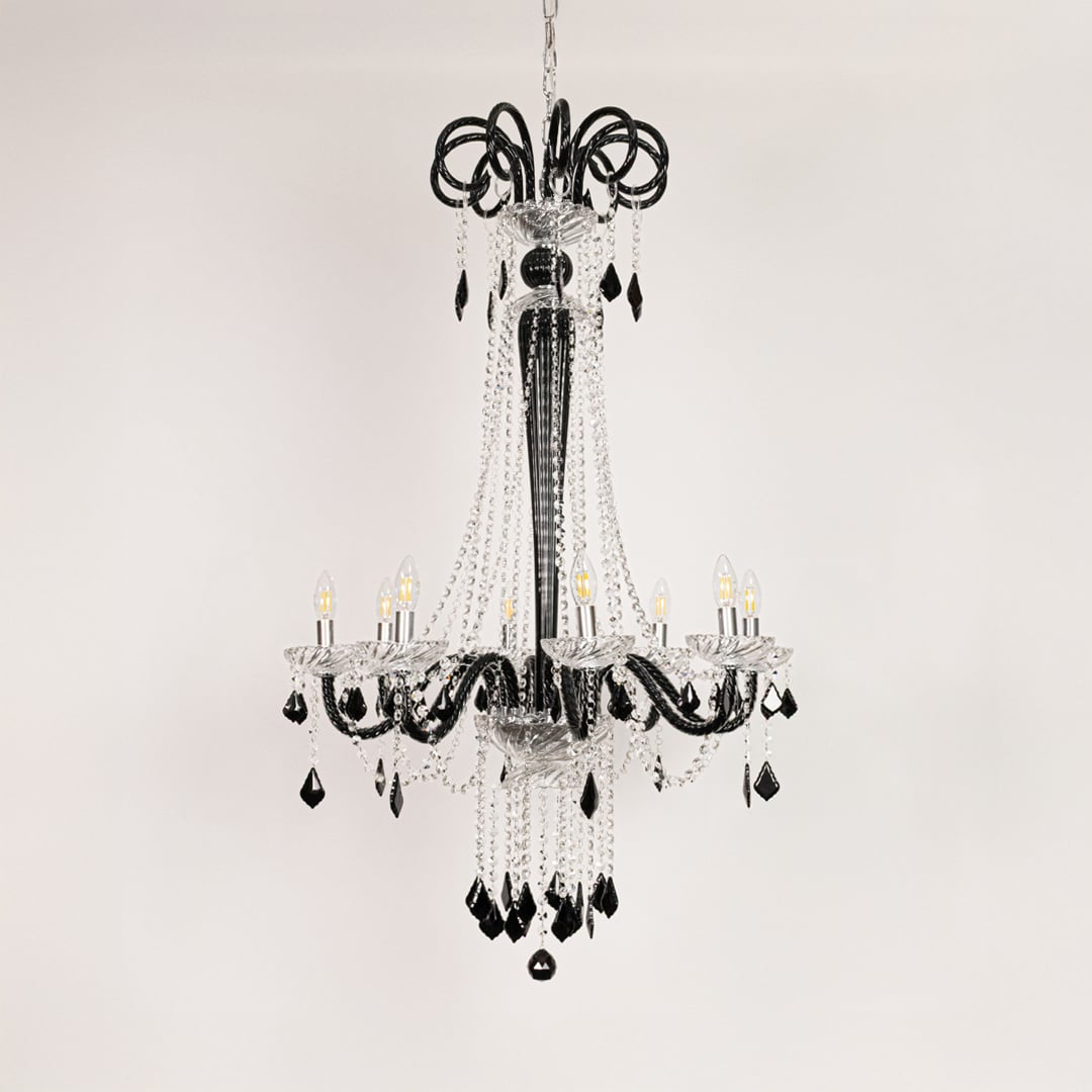Tall black and clear crystal chandelier displayed on white background ideal for classic luxury interior ceilings.
