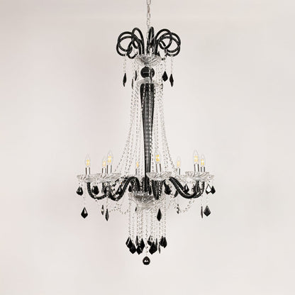 Tall black and clear crystal chandelier displayed on white background ideal for classic luxury interior ceilings.