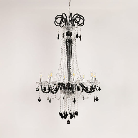 Tall black and clear crystal chandelier displayed on white background ideal for classic luxury interior ceilings.