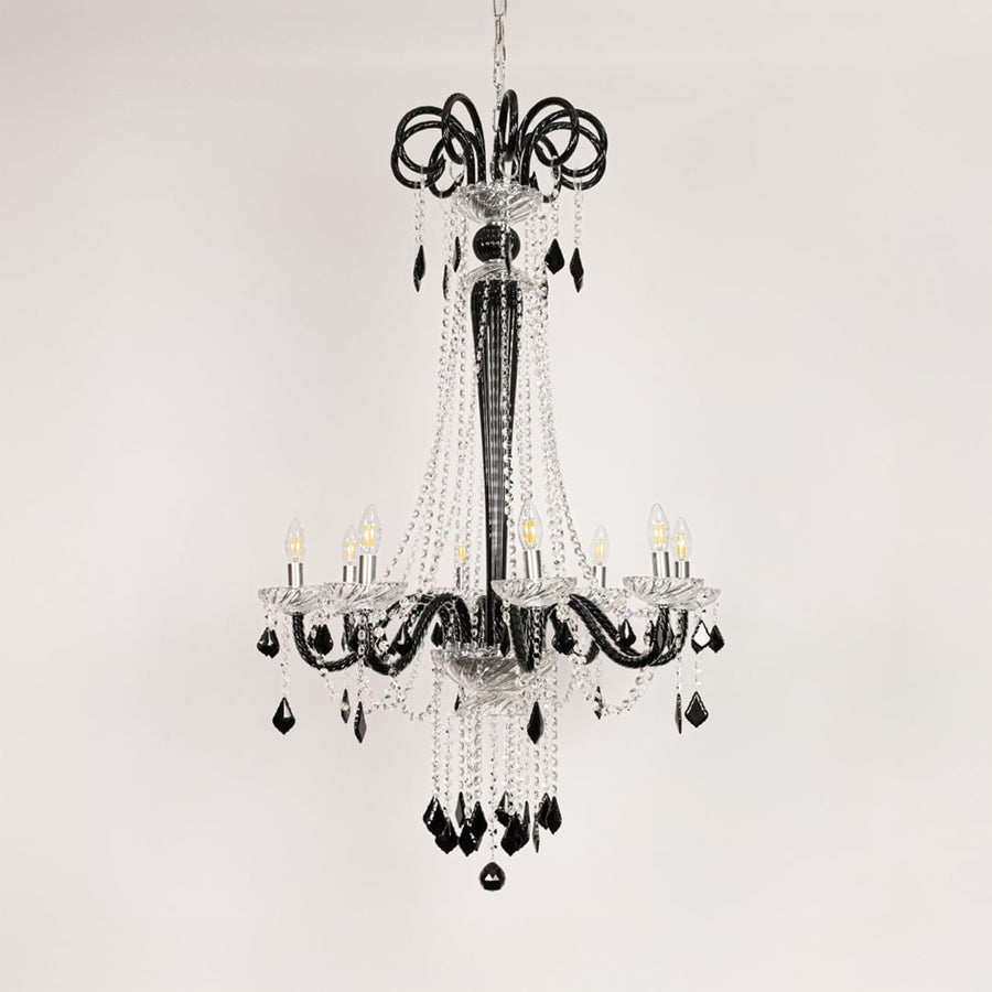 Tall black and clear crystal chandelier displayed on white background ideal for classic luxury interior ceilings.