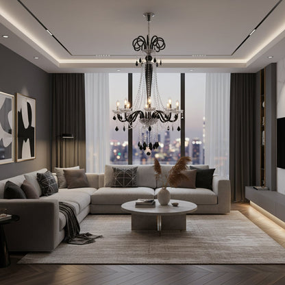 Tall black and clear crystal chandelier adds a grand luxury statement to living room or dining room ceilings.