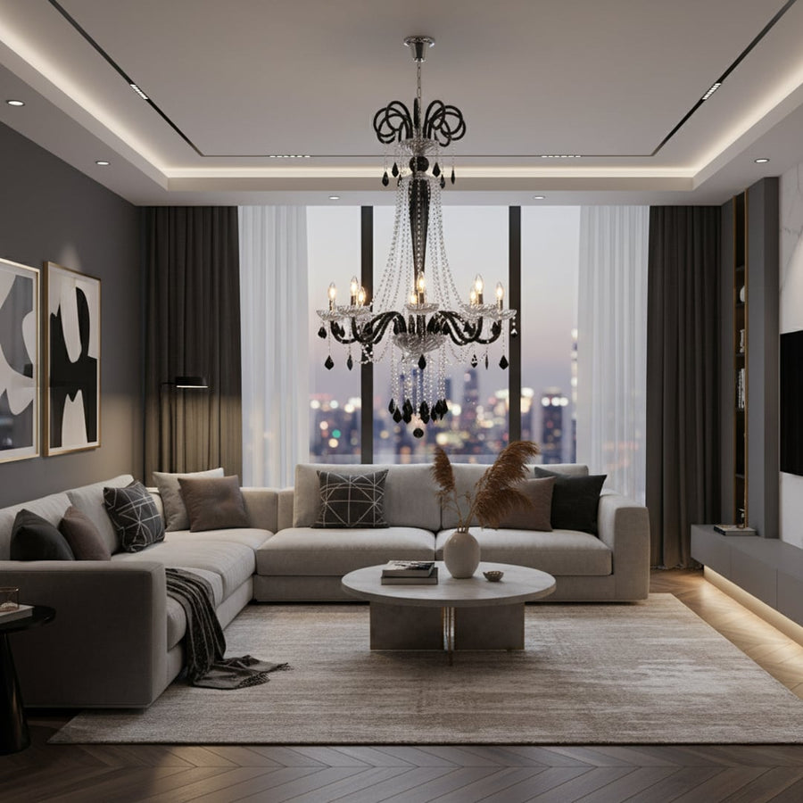 Tall black and clear crystal chandelier adds a grand luxury statement to living room or dining room ceilings.