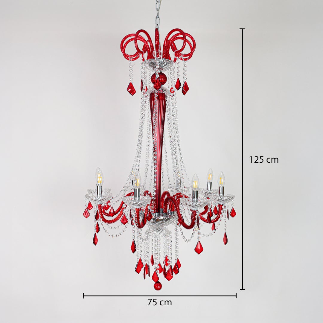Red and clear crystal chandelier sized 125 cm height and 75 cm width ideal for grand foyer or living room ceiling lighting.