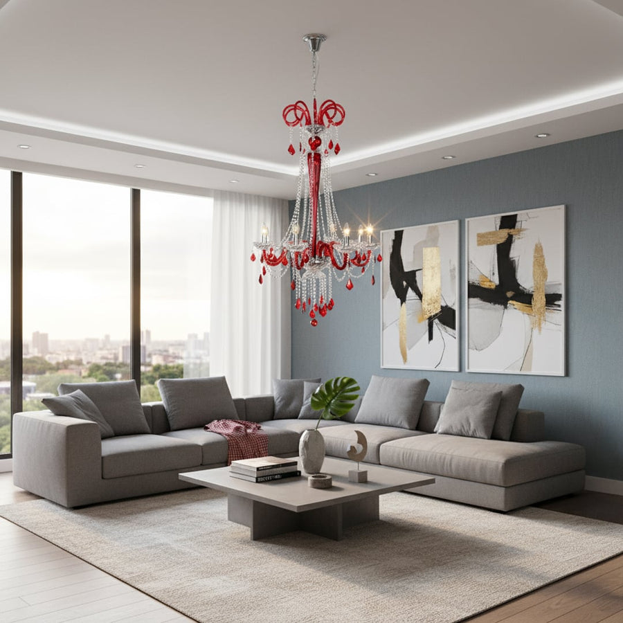 Red and clear crystal chandelier adds a bold luxury statement to living room or dining room ceilings with elegant lighting.